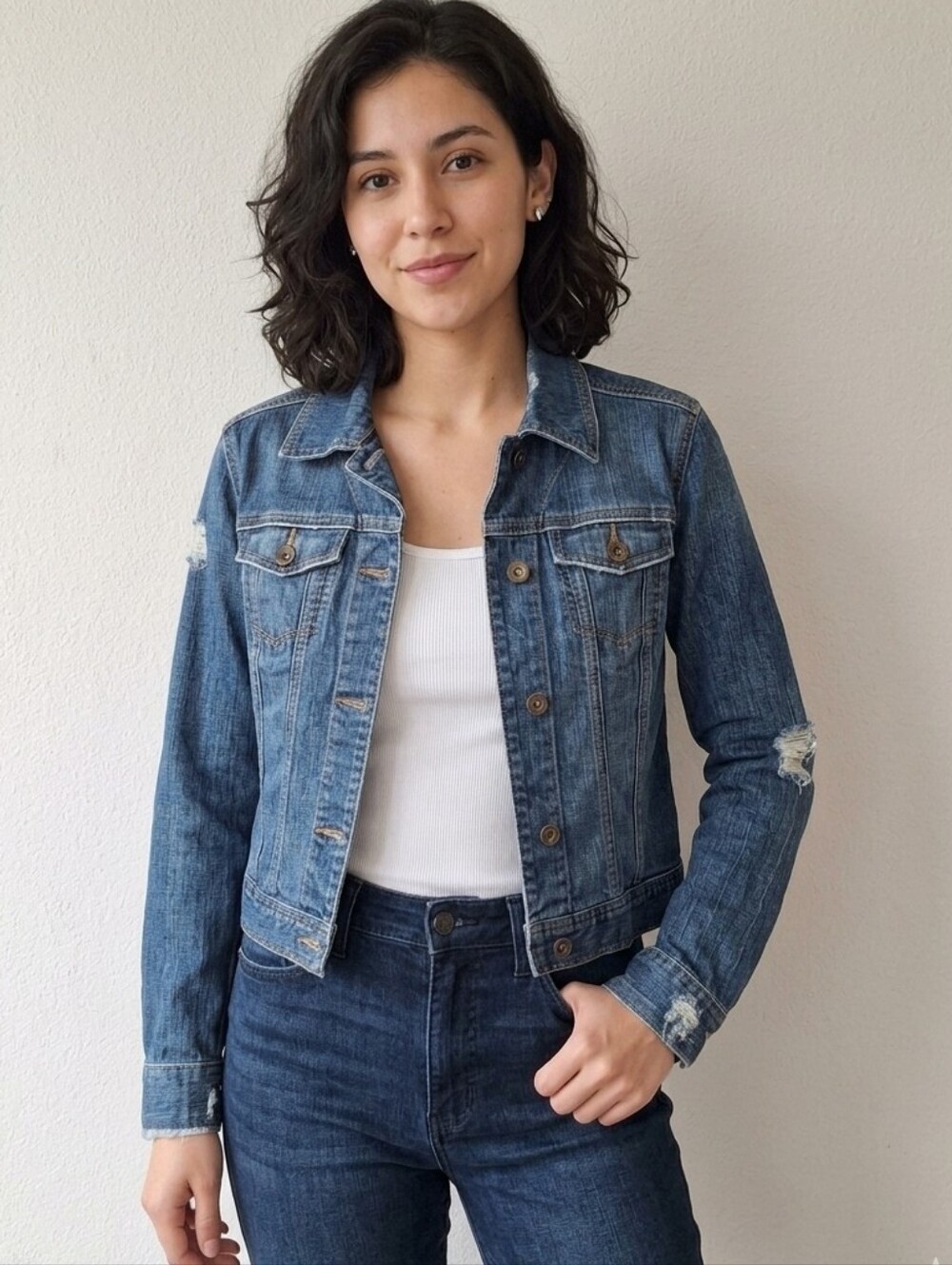 Lilu Distressed Medium Blue Denim Jacket Size M